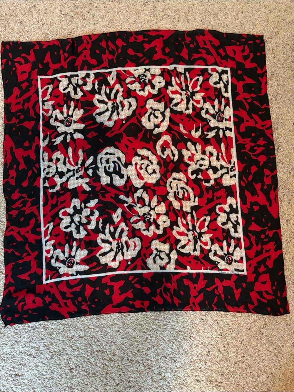 Oscar de la Renta Red, Black & Cream Floral Houndstooth Scarf 29” square